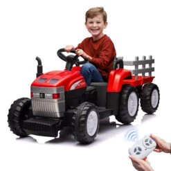 12V Kids Ride-On Tractor With Trailer & Remote Control Battery Powered Electric Car Toy With LED Lights, Horn, And Real Tractor Sounds