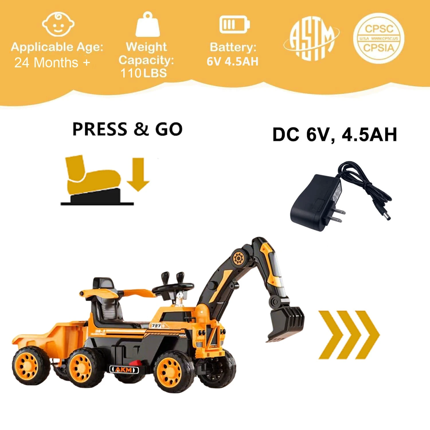 6V Toddler Excavator Electric Digging Arm Ride On Car With Large Wagon And Remote 3 6V Toddler Excavator Electric Digging Arm Ride On Car With Large Wagon And Remote - Image 3