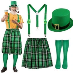 Mens St. Patrick’s Day Costumes Green Plaid Pleated Skirt Hat Suspenders Socks 4Pcs Suit