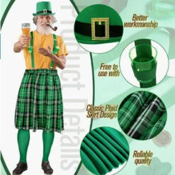 Mens St. Patrick’s Day Costumes Green Plaid Pleated Skirt Hat Suspenders Socks 4Pcs Suit -Sun Baby Sales Store 1740566561153xxb 1739868720565