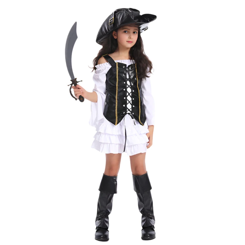 Kids Pirate Costume Girls White Halloween Pirate Dress Vest And Hat Suit 2 Kids Pirate Costume Girls White Halloween Pirate Dress Vest And Hat Suit - Image 2