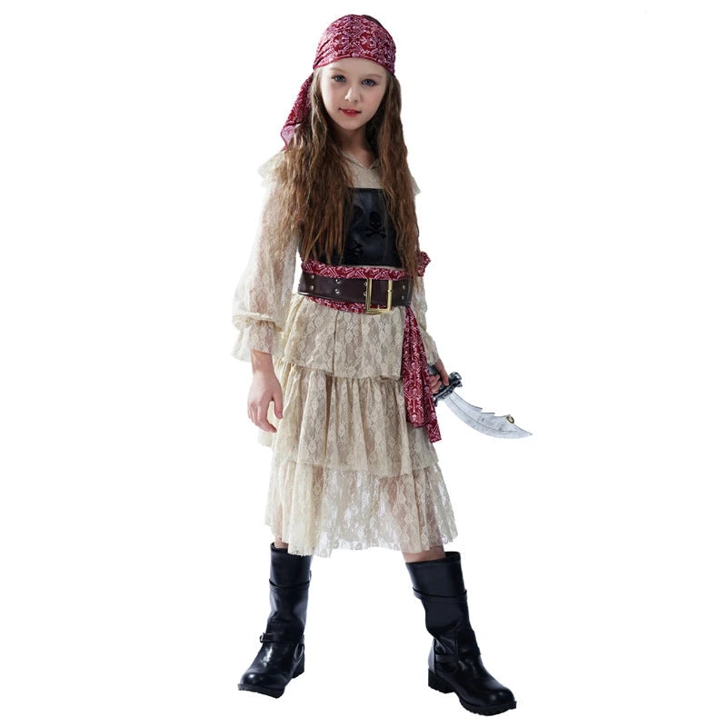 Girls Halloween Pirate Dress Childrens Pirate Costume With Vest Belt And Bandana For Cosplay 2 Girls Halloween Pirate Dress Childrens Pirate Costume With Vest Belt And Bandana For Cosplay - Image 2