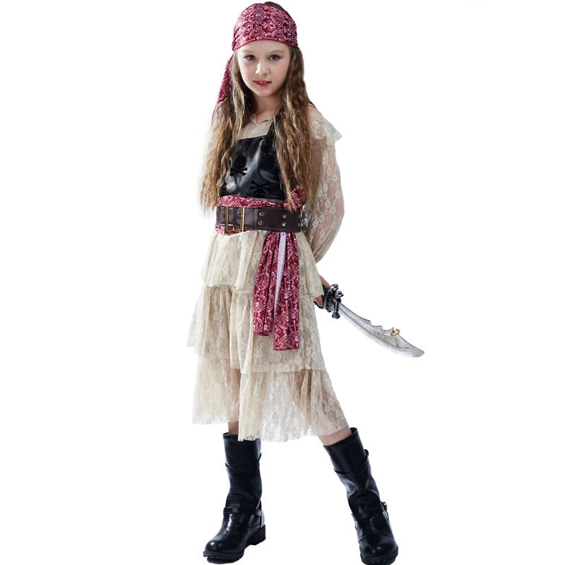 Girls Halloween Pirate Dress Childrens Pirate Costume With Vest Belt And Bandana For Cosplay 3 Girls Halloween Pirate Dress Childrens Pirate Costume With Vest Belt And Bandana For Cosplay - Image 3