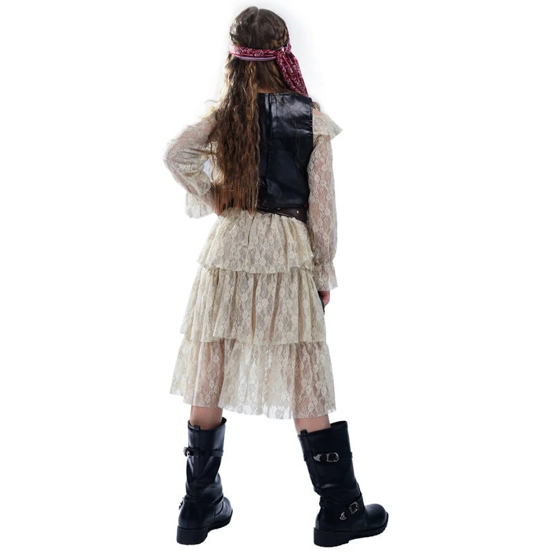Girls Halloween Pirate Dress Childrens Pirate Costume With Vest Belt And Bandana For Cosplay 4 Girls Halloween Pirate Dress Childrens Pirate Costume With Vest Belt And Bandana For Cosplay - Image 4