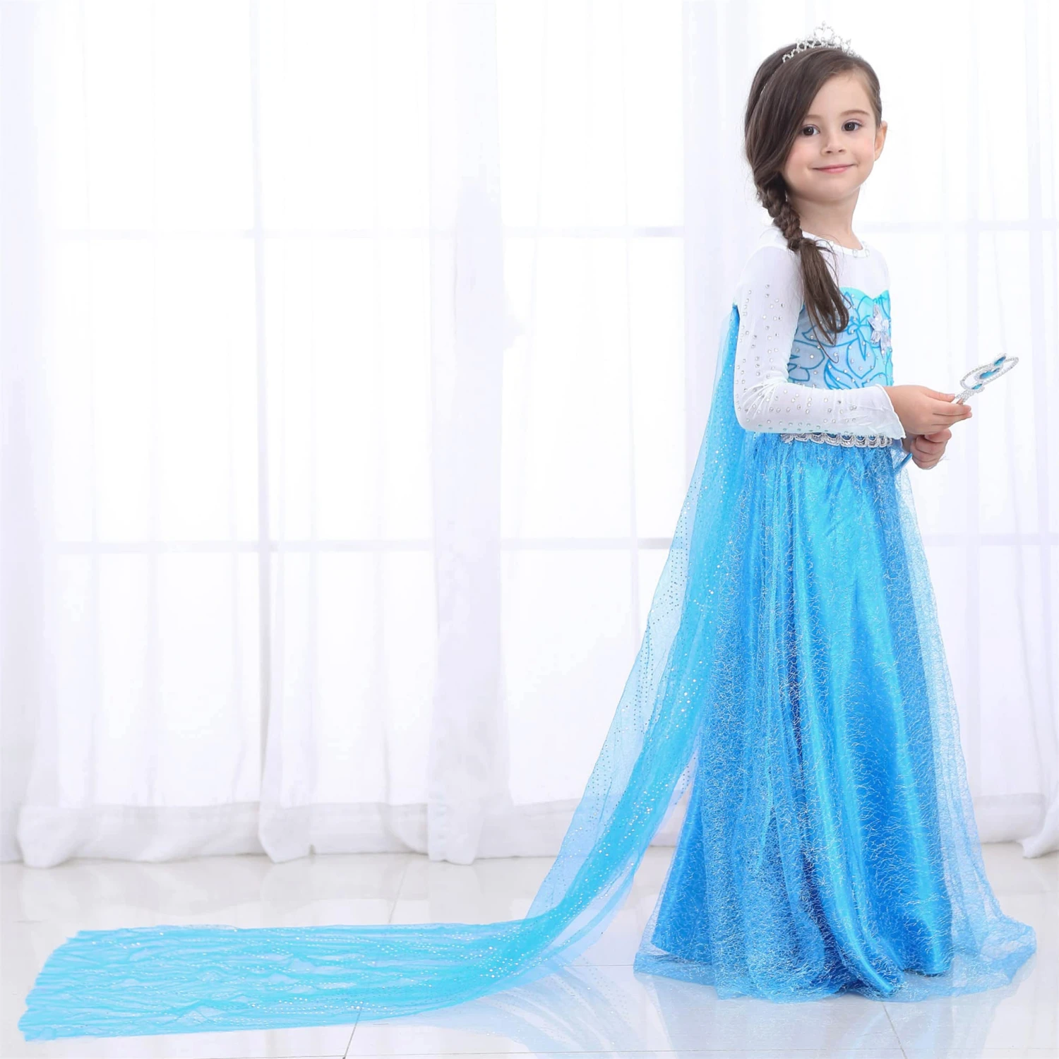 Kids Elsa Princess Dress And Accessories Snow Queen Cosplay Party Princess Dress With Long Cape 1 Kids Elsa Princess Dress And Accessories Snow Queen Cosplay Party Princess Dress With Long Cape