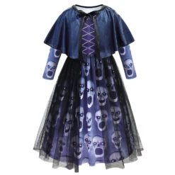 Girls Halloween Party Dress With Shawl Skull Printed Fancy Dress UpCostume Kids Cosplay Princess Frocks