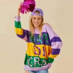 Ladies Mardi Gras Costume Color Blocked Sweater For Tuesday Carnival Party