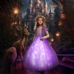 Kids Light Up Dress Long Hair Princess Of Corona LED Fancy Costume Birthday Party Outfit