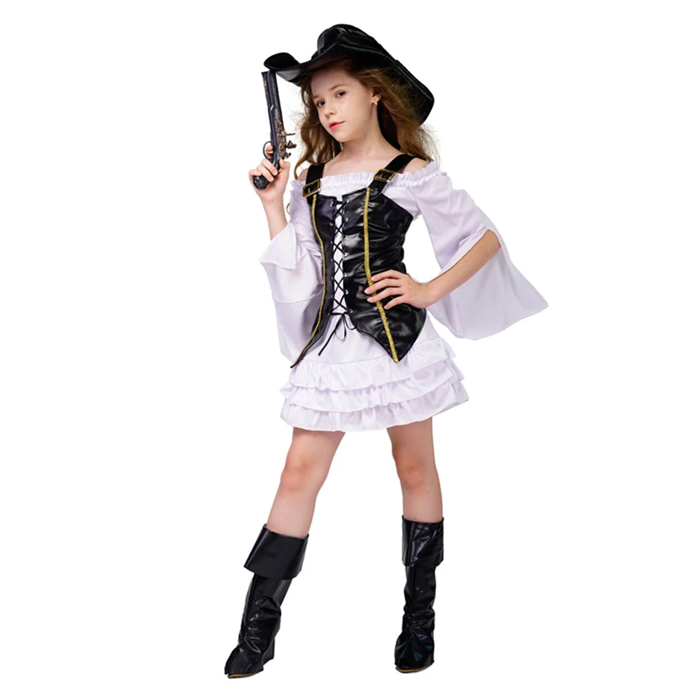Kids Pirate Costume Girls White Halloween Pirate Dress Vest And Hat Suit 5 Kids Pirate Costume Girls White Halloween Pirate Dress Vest And Hat Suit - Image 5