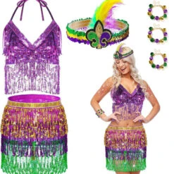 Ladies Mardi Gras Outfits Sequin Tassel Tops Skirt And Headband For Carnival