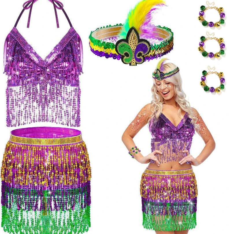 Ladies Mardi Gras Outfits Sequin Tassel Tops Skirt And Headband For Carnival 1 Ladies Mardi Gras Outfits Sequin Tassel Tops Skirt And Headband For Carnival