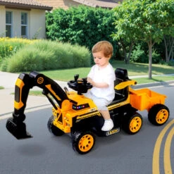 6V Toddler Excavator Electric Digging Arm Ride On Car With Large Wagon And Remote