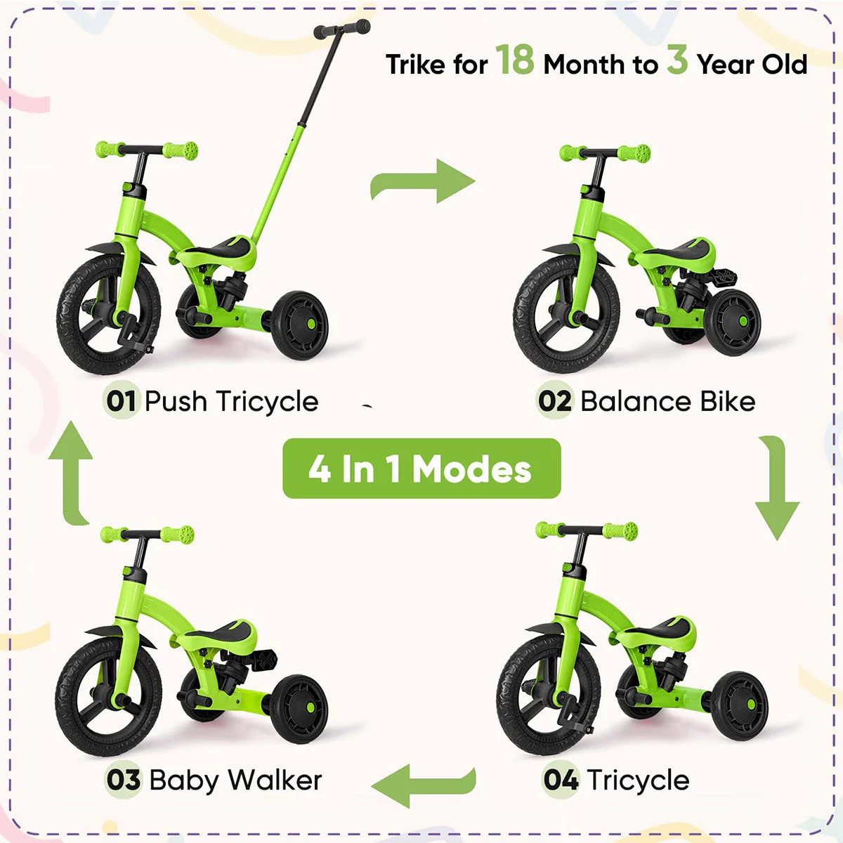 Stroller Bike 4 In 1 Tricycle With Detachable Push Bar Toddler Balance Bike Ride On Toys 9 Stroller Bike 4 In 1 Tricycle With Detachable Push Bar Toddler Balance Bike Ride On Toys - Image 9