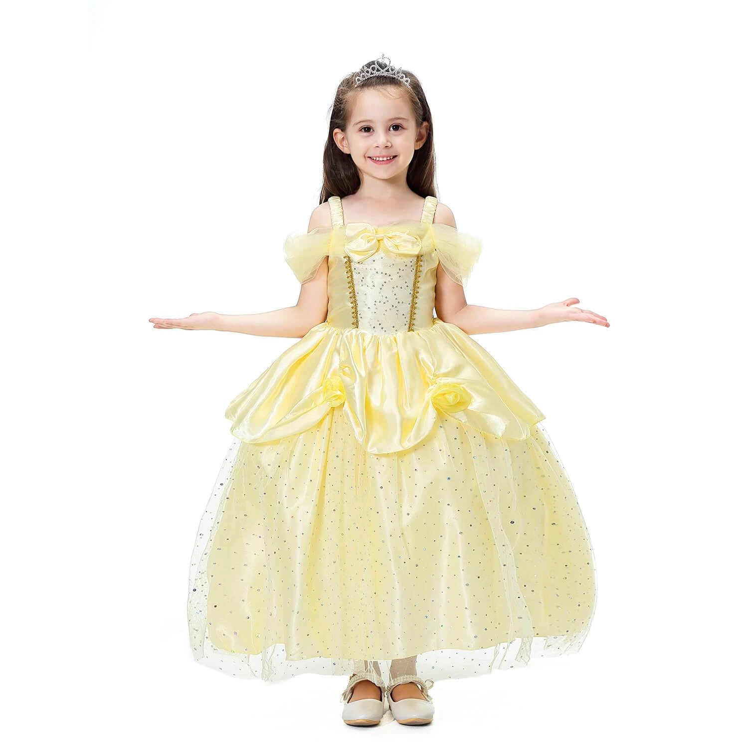 Princess Girls Costume Shining Sequin Overlay Party Dress Off Shoulder Layered Dress 1 Princess Girls Costume Shining Sequin Overlay Party Dress Off Shoulder Layered Dress