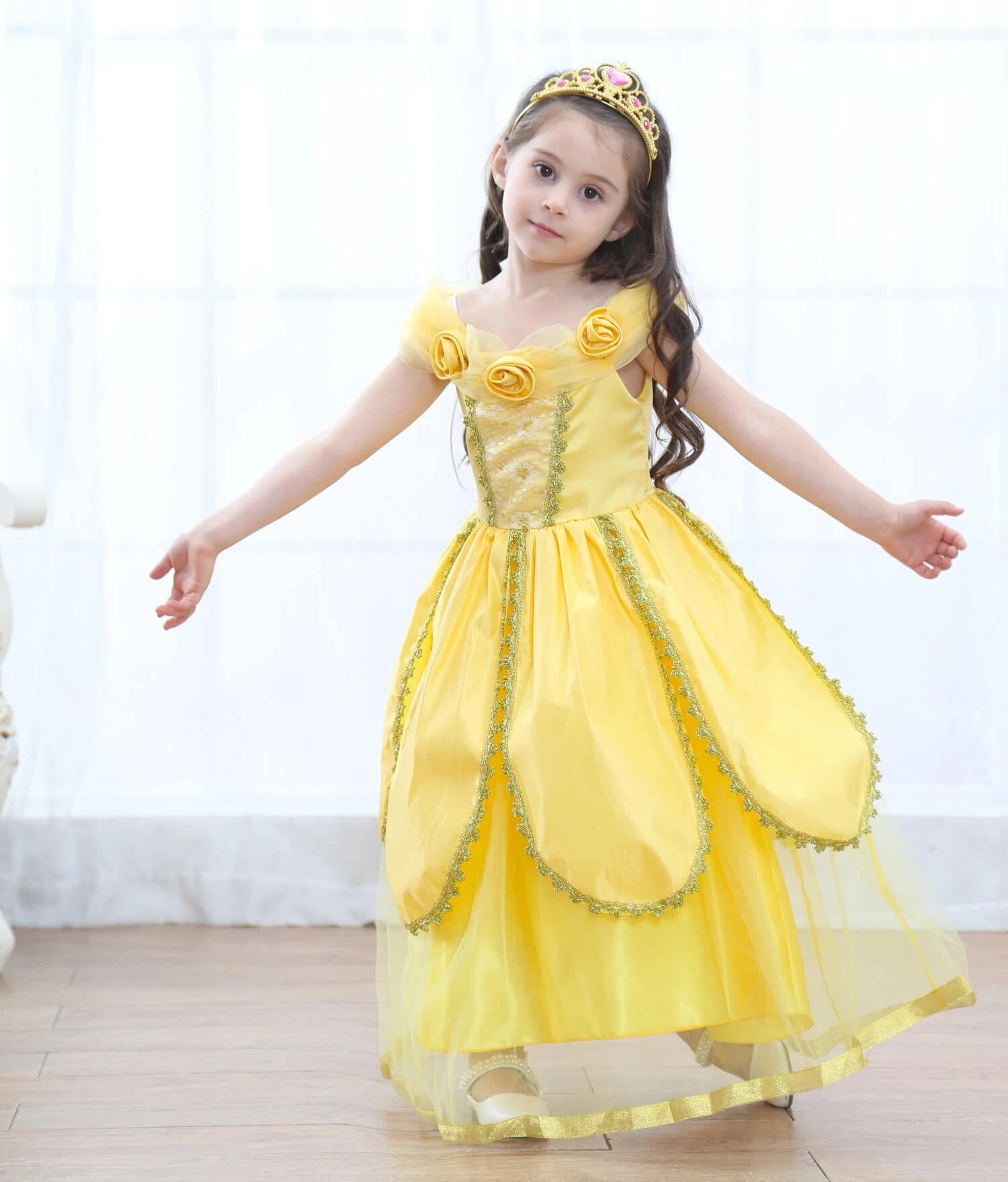Princess Belle Dress 3D Flowers Party Ball Gown Carnival Dress Halloween Costume 2 Princess Belle Dress 3D Flowers Party Ball Gown Carnival Dress Halloween Costume - Image 2