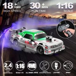 1/16 RC Drift Car 18KM/H Fast Remote Control Cars Spray Car With Led Light Sound For Kids 21 1/16 RC Drift Car 18KM/H Fast Remote Control Cars Spray Car With Led Light Sound For Kids -Sun Baby Sales Store F green 02