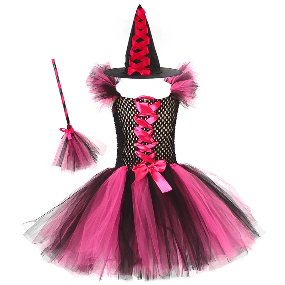Girls Witch Costume Halloween Witch Tutu Dress Broom Hat 3pcs Set Fancy Cosplay Outfit 3-12Y 1 Girls Witch Costume Halloween Witch Tutu Dress Broom Hat 3pcs Set Fancy Cosplay Outfit 3-12Y