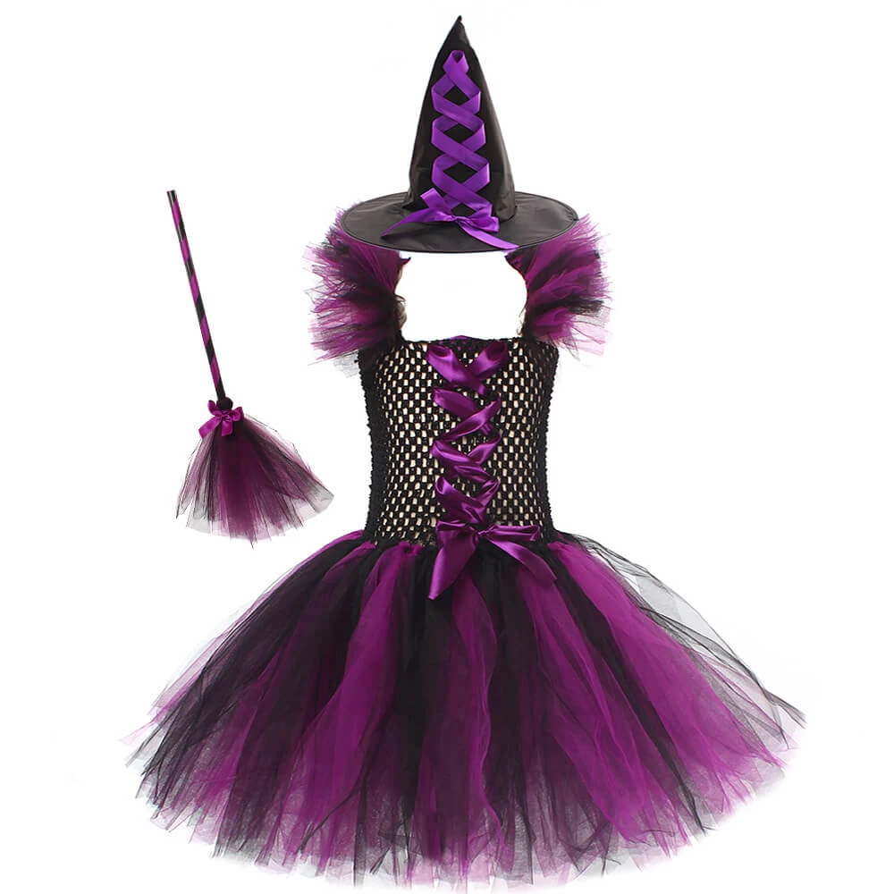 Girls Witch Costume Halloween Witch Tutu Dress Broom Hat 3pcs Set Fancy Cosplay Outfit 3-12Y 2 Girls Witch Costume Halloween Witch Tutu Dress Broom Hat 3pcs Set Fancy Cosplay Outfit 3-12Y - Image 2