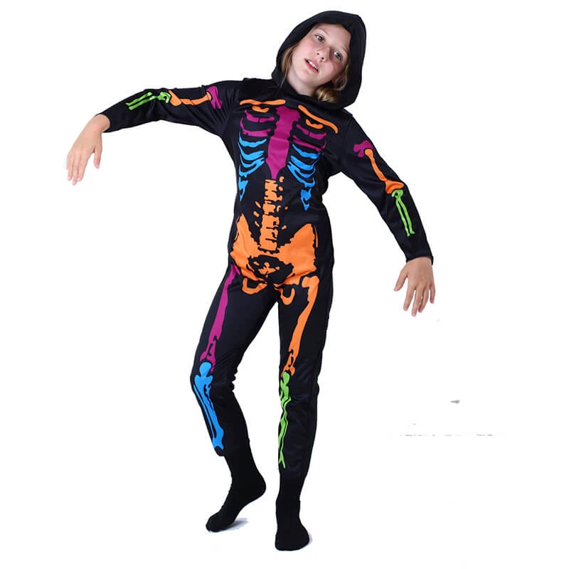 Kids Skeleton Scary Costume Glow In The Dark White Bones Stretch Body Suit With Hoodie 3 Kids Skeleton Scary Costume Glow In The Dark White Bones Stretch Body Suit With Hoodie - Image 3