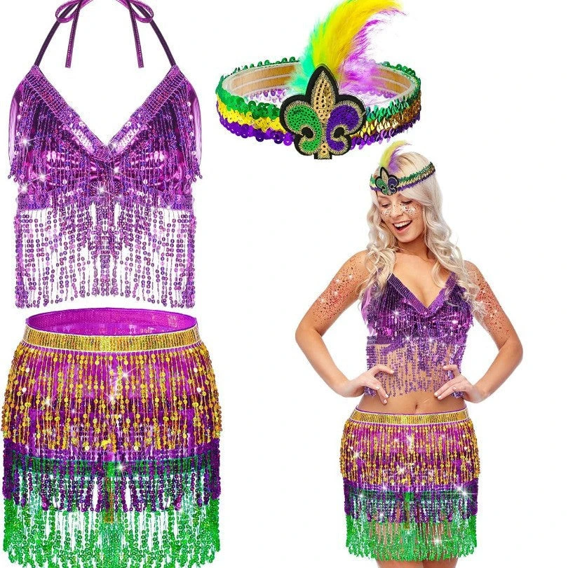 Ladies Mardi Gras Outfits Sequin Tassel Tops Skirt And Headband For Carnival 2 Ladies Mardi Gras Outfits Sequin Tassel Tops Skirt And Headband For Carnival - Image 2