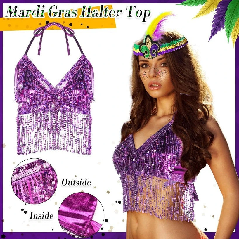 Ladies Mardi Gras Outfits Sequin Tassel Tops Skirt And Headband For Carnival 3 Ladies Mardi Gras Outfits Sequin Tassel Tops Skirt And Headband For Carnival - Image 3
