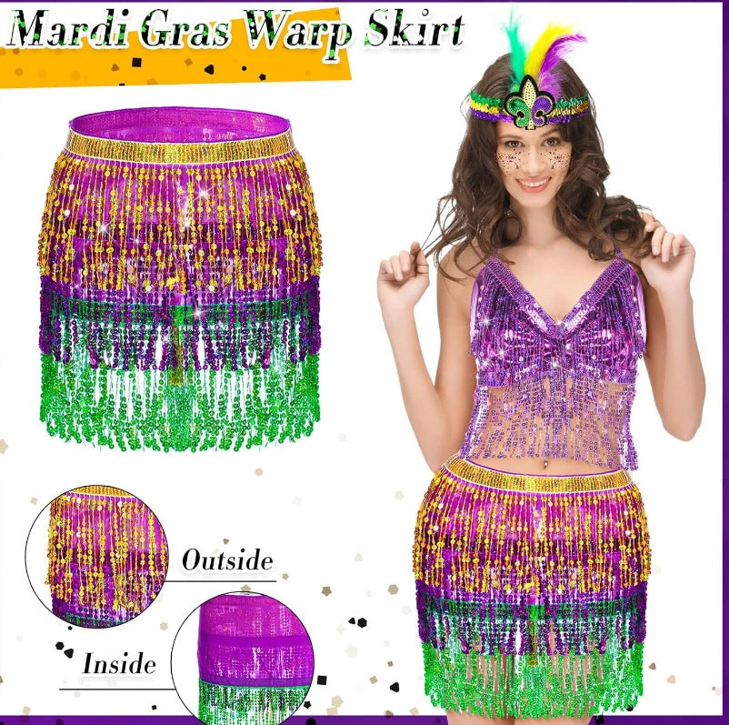 Ladies Mardi Gras Outfits Sequin Tassel Tops Skirt And Headband For Carnival 4 Ladies Mardi Gras Outfits Sequin Tassel Tops Skirt And Headband For Carnival - Image 4