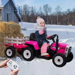 12V Childrens Ride On Tractor With Trailer Parent Remote Control Ride On Car Pink Ride-On Toy For Little Girls