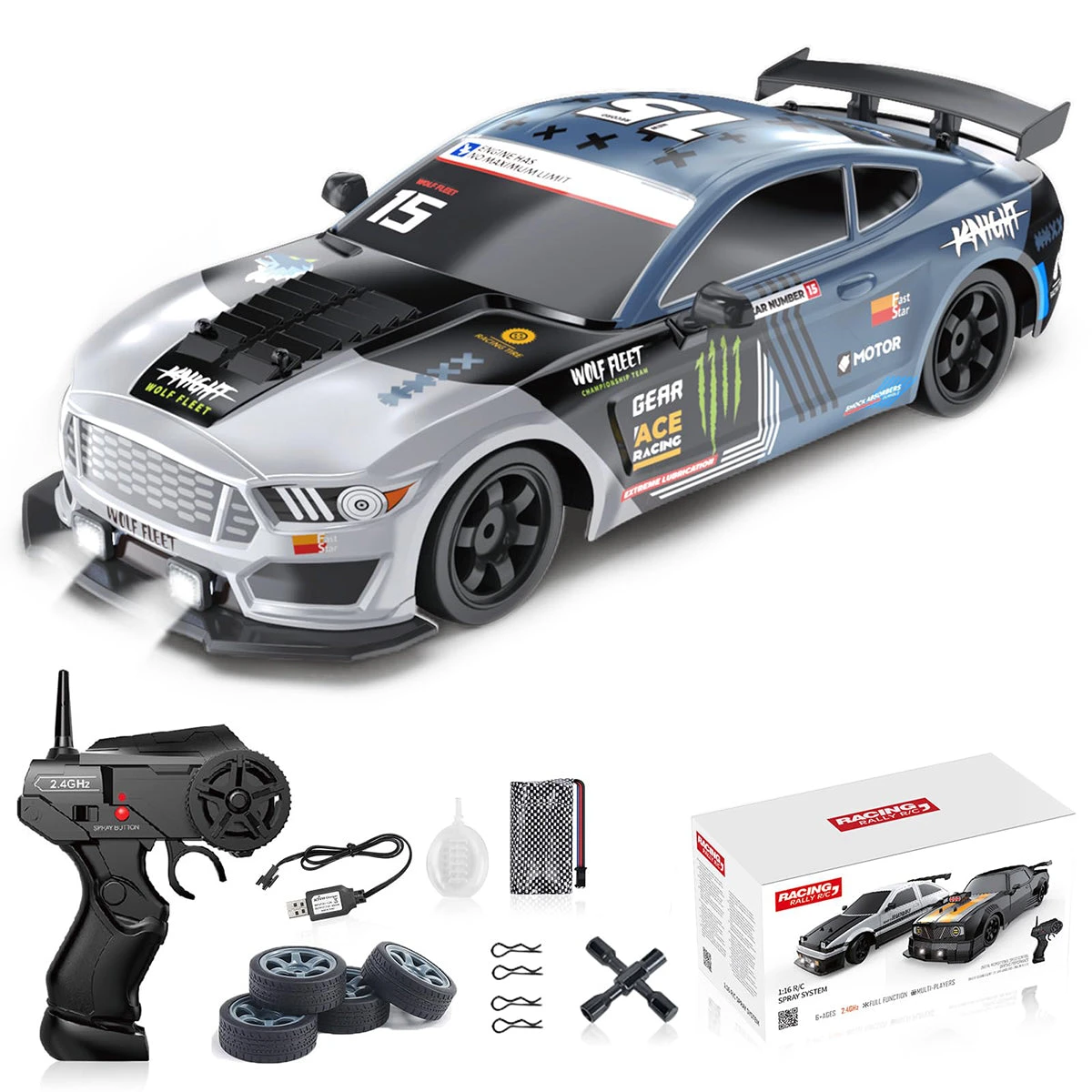 1/16 RC Drift Car 18KM/H Fast Remote Control Cars Spray Car With Led Light Sound For Kids 2 1/16 RC Drift Car 18KM/H Fast Remote Control Cars Spray Car With Led Light Sound For Kids - Image 2