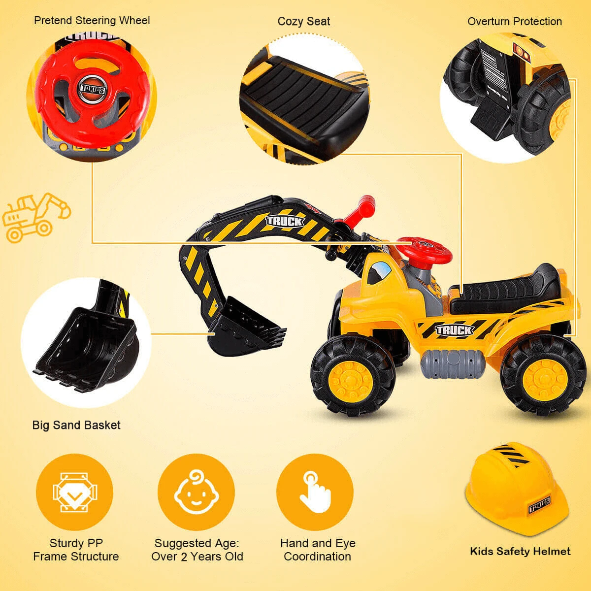 Kids Ride-on Excavator Toys Outdoor Digger And Bulldozer Truck With Safety Helmet And Simulation Sound 3 Kids Ride-on Excavator Toys Outdoor Digger And Bulldozer Truck With Safety Helmet And Simulation Sound - Image 3