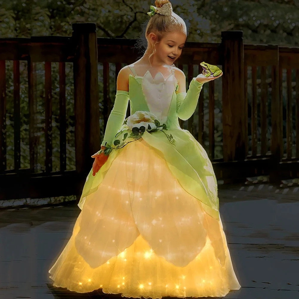 Tiana Frog Princess Costume Princess Light Up Dress Girls Off Shoulder Party Dress 2 Tiana Frog Princess Costume Princess Light Up Dress Girls Off Shoulder Party Dress - Image 2