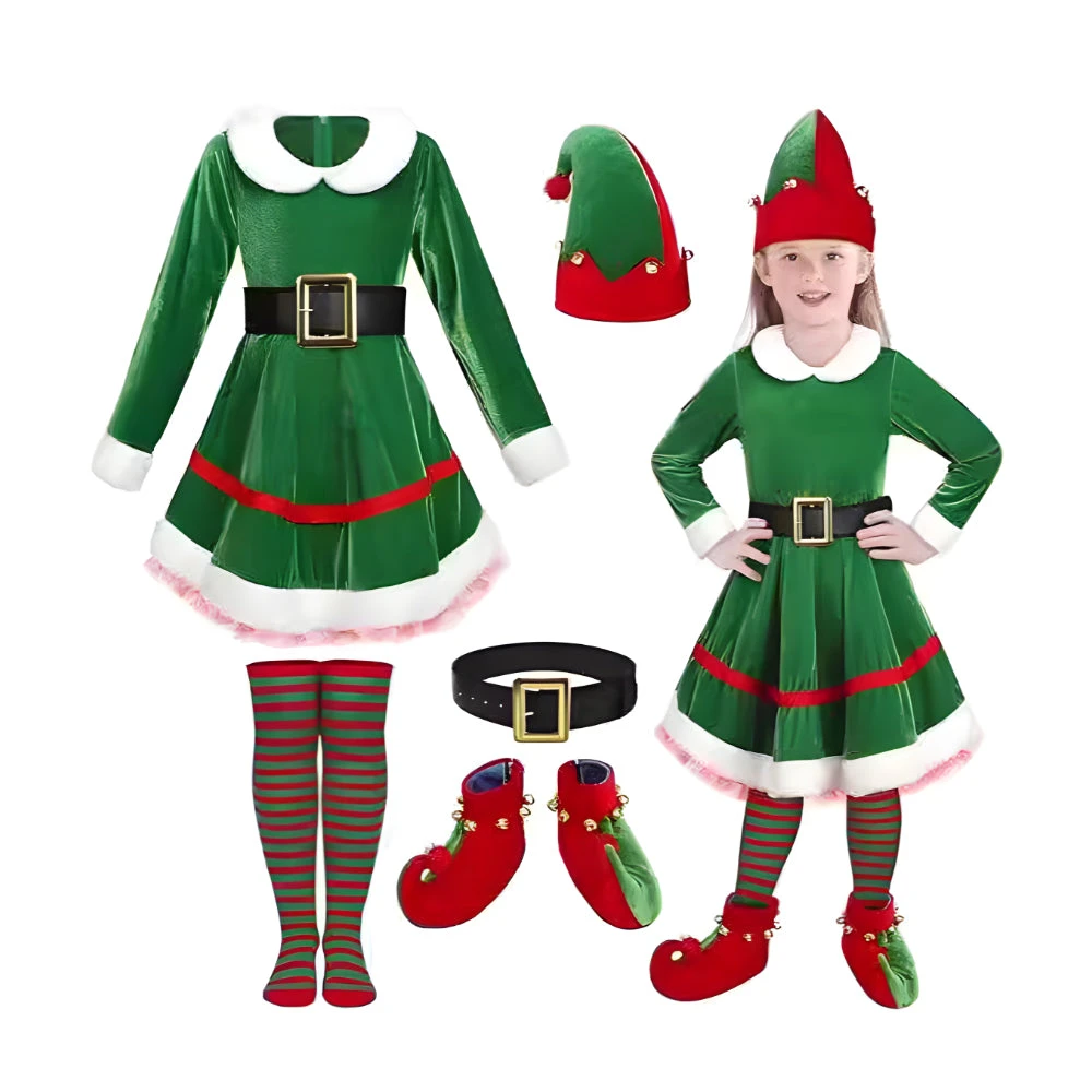 Girls Elf Costume Soft Velvet Xmas Party Outfits Kids Elf Suit 1 Girls Elf Costume Soft Velvet Xmas Party Outfits Kids Elf Suit