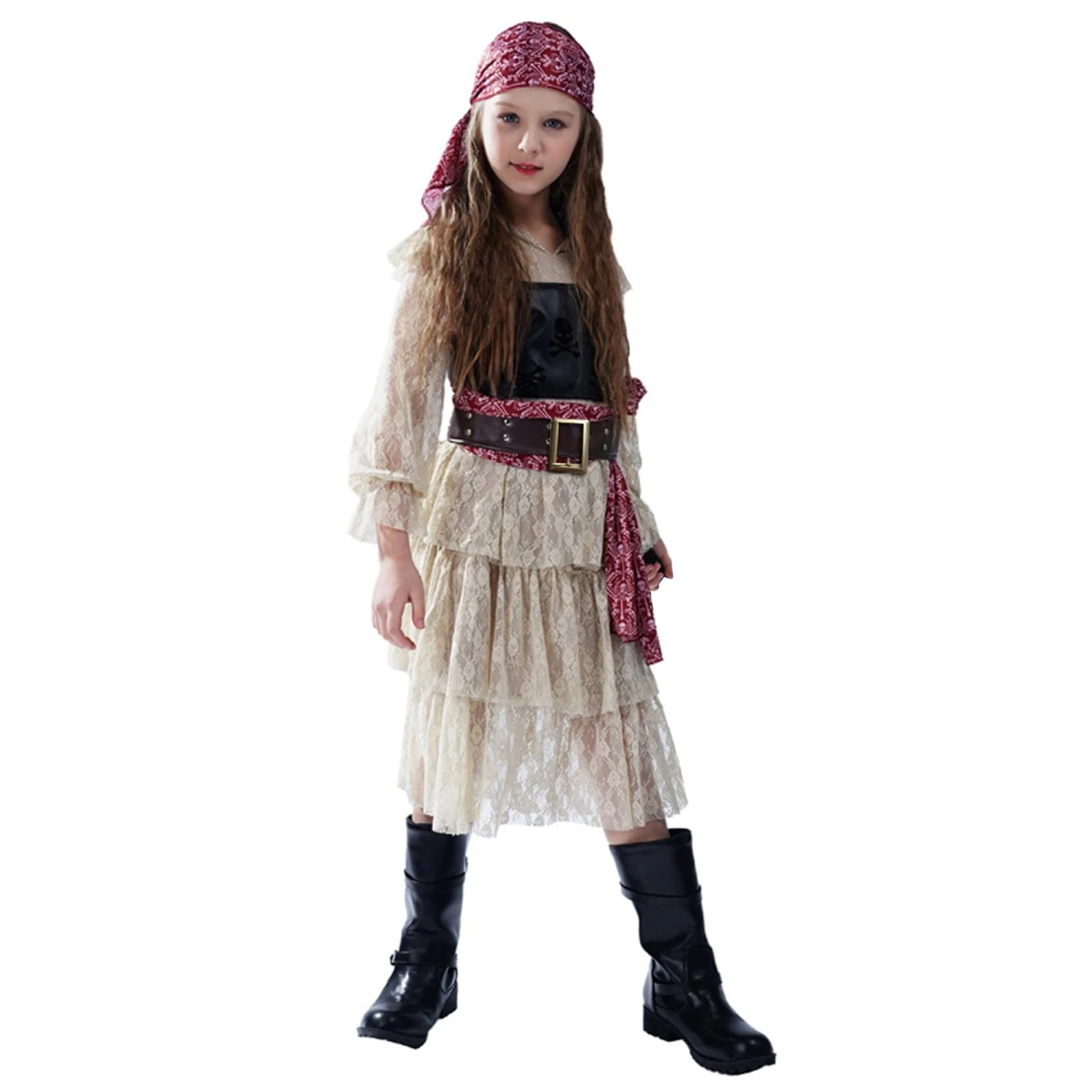 Girls Halloween Pirate Dress Childrens Pirate Costume With Vest Belt And Bandana For Cosplay 6 Girls Halloween Pirate Dress Childrens Pirate Costume With Vest Belt And Bandana For Cosplay - Image 6