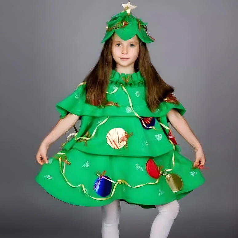 Girls Christmas Costume Xmas Tree Dress And Hat Green Outfit For Party 2 Girls Christmas Costume Xmas Tree Dress And Hat Green Outfit For Party - Image 2