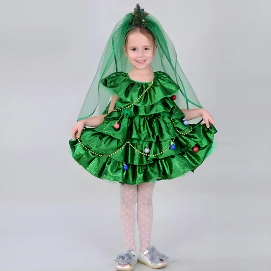 Girls Christmas Costume Xmas Tree Dress And Hat Green Outfit For Party 1 Girls Christmas Costume Xmas Tree Dress And Hat Green Outfit For Party