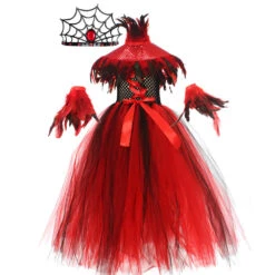 Girls Vampire Costume Red Gothic Medieval Queen Tutu Dress And Accessories For Kids Halloween Cosplay