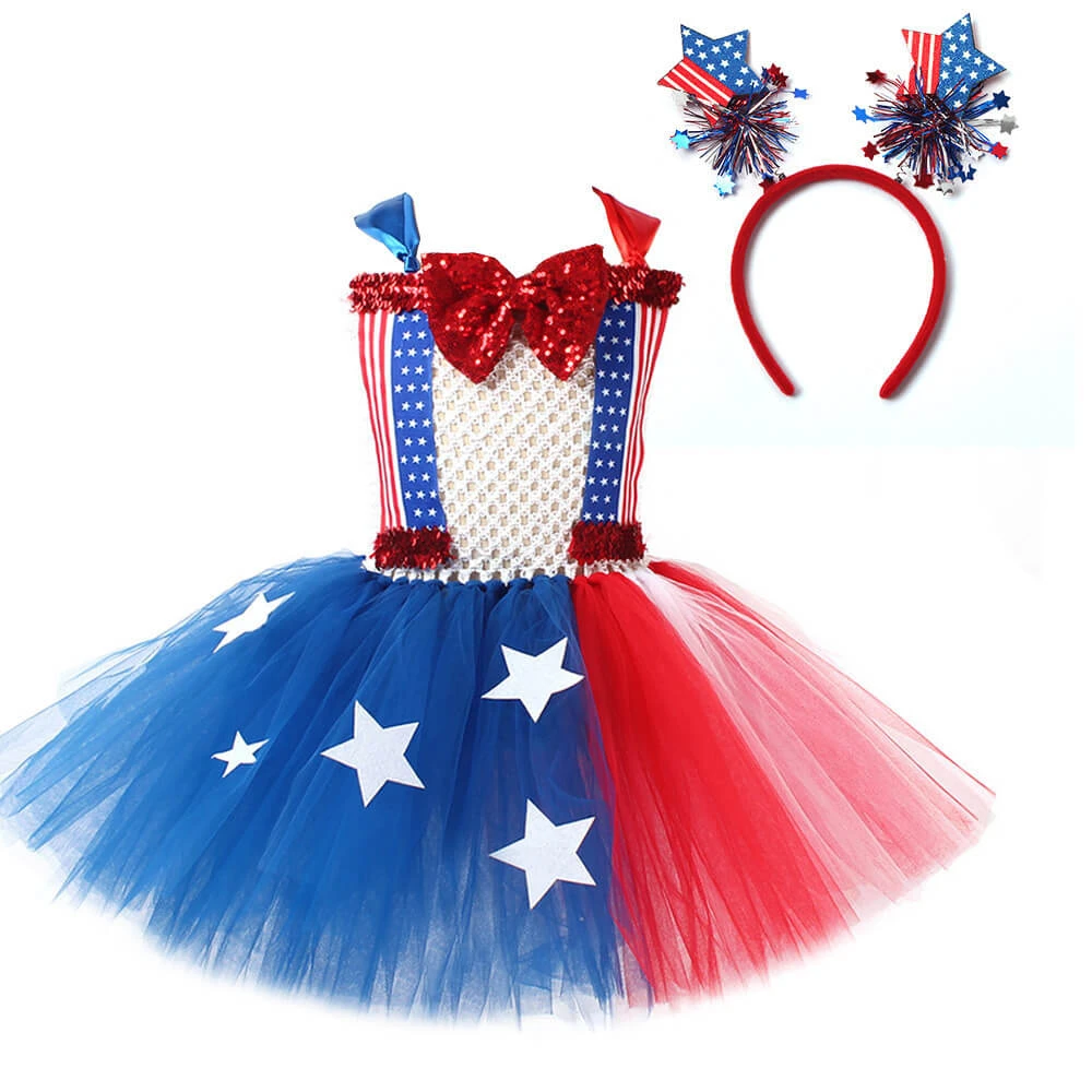 July 4th Girls Dress Sleeveless Summer Tutu Dress With Headband Independent Day Outfit 1 July 4th Girls Dress Sleeveless Summer Tutu Dress With Headband Independent Day Outfit