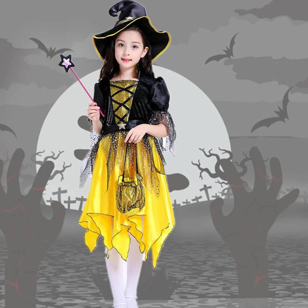 Girls Halloween Cosplay Costume Witch Dress Hat Candy Bag And Magic Stick Sets For Role Play 4 Girls Halloween Cosplay Costume Witch Dress Hat Candy Bag And Magic Stick Sets For Role Play - Image 4