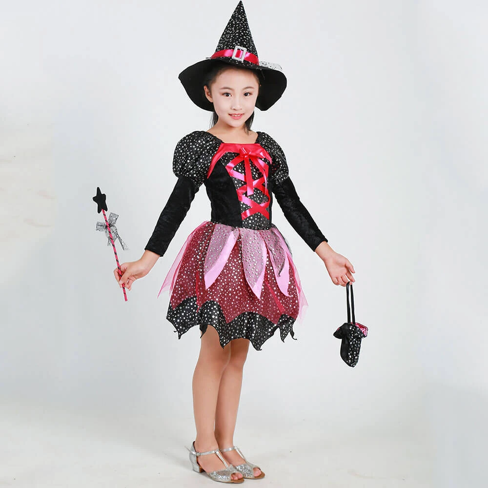Girls Halloween Cosplay Costume Witch Dress Hat Candy Bag And Magic Stick Sets For Role Play 5 Girls Halloween Cosplay Costume Witch Dress Hat Candy Bag And Magic Stick Sets For Role Play - Image 5