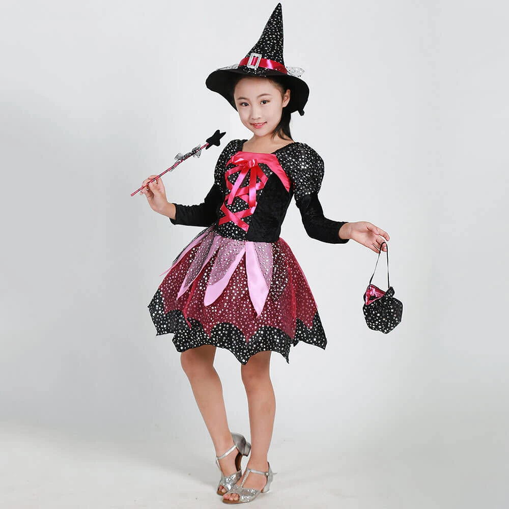 Girls Halloween Cosplay Costume Witch Dress Hat Candy Bag And Magic Stick Sets For Role Play 6 Girls Halloween Cosplay Costume Witch Dress Hat Candy Bag And Magic Stick Sets For Role Play - Image 6