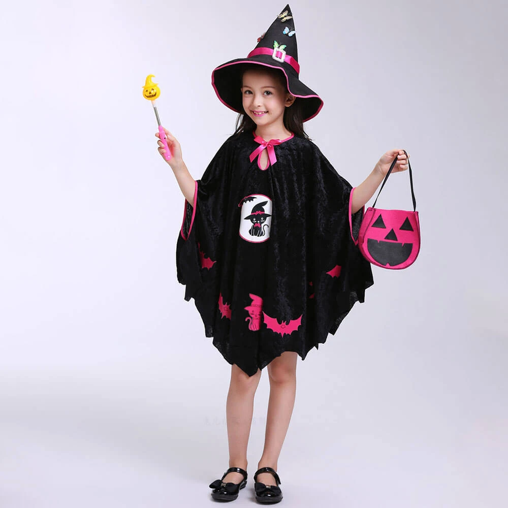 Girls Halloween Cosplay Costume Witch Dress Hat Candy Bag And Magic Stick Sets For Role Play 10 Girls Halloween Cosplay Costume Witch Dress Hat Candy Bag And Magic Stick Sets For Role Play - Image 10