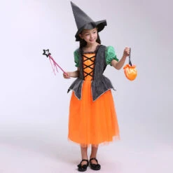 Girls Halloween Cosplay Costume Witch Dress Hat Candy Bag And Magic Stick Sets For Role Play 14 Girls Halloween Cosplay Costume Witch Dress Hat Candy Bag And Magic Stick Sets For Role Play -Sun Baby Sales Store halloween witch cosplay costume hat sets 7