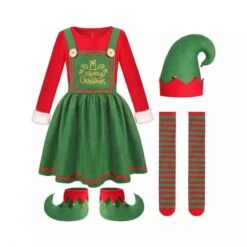 Elf Costume Cute Xmas Dress Hat Socks And Shoes 4pcs Suit Christmas Outfit For Kids Adults