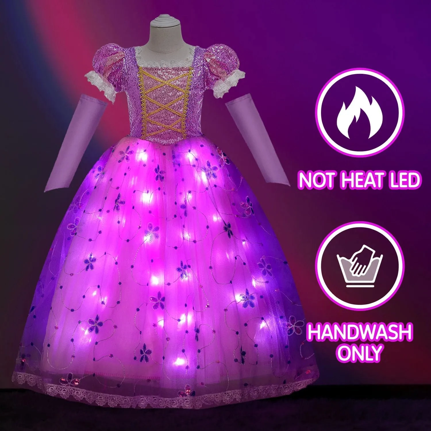 Princess Rapunzel Dress Girls Light Up Dress Puff Sleeve Party Dress Ball Gown 3 Princess Rapunzel Dress Girls Light Up Dress Puff Sleeve Party Dress Ball Gown - Image 3