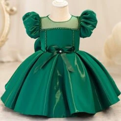 Toddler Christmas Party Dress Formal Puff Sleeve Xmas Smocked Green Costume For Girls