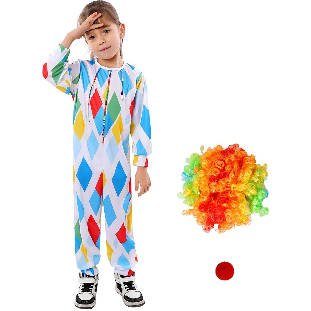 Kids Mardi Gras Outfit Harlequin Costume With Colorful Wig And Nose For Parade Party 1 Kids Mardi Gras Outfit Harlequin Costume With Colorful Wig And Nose For Parade Party
