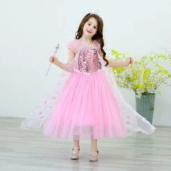 Kids Pink Elsa Dress Summer Party Dress Birthday Dress Up For Girls 3T-10 Years