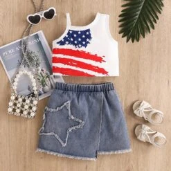 Toddler My First Fourth Of July Outfit Baby Girl July 4 Clothes American Flag Tanks And Denim Skirt