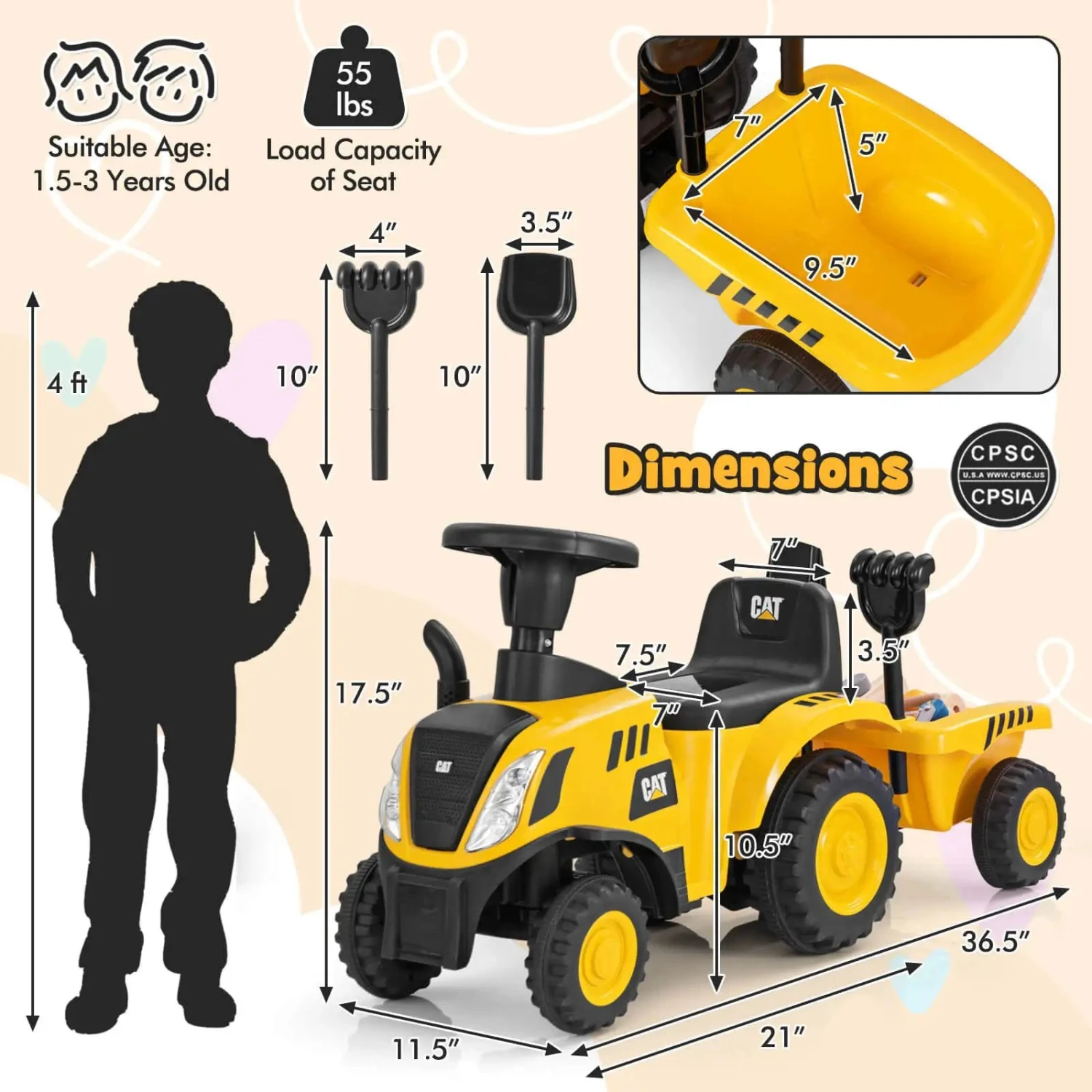 Kids Ride-On Tractor Foot-to-Floor Sliding Car With Detachable Trailer, LED Lights, Horn, And Sand Play Tools For Ages 1.5-3 4 Kids Ride-On Tractor Foot-to-Floor Sliding Car With Detachable Trailer, LED Lights, Horn, And Sand Play Tools For Ages 1.5-3 - Image 4