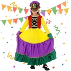 Girls Mardi Gras Outfit Party Dress Mask And Hat 3pcs Suit For Parade