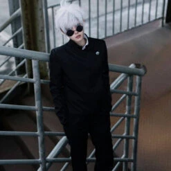 Satoru Gojo Costume Black JJK Halloween Cosplay Outfit With Glass Wig Blinder Full Set